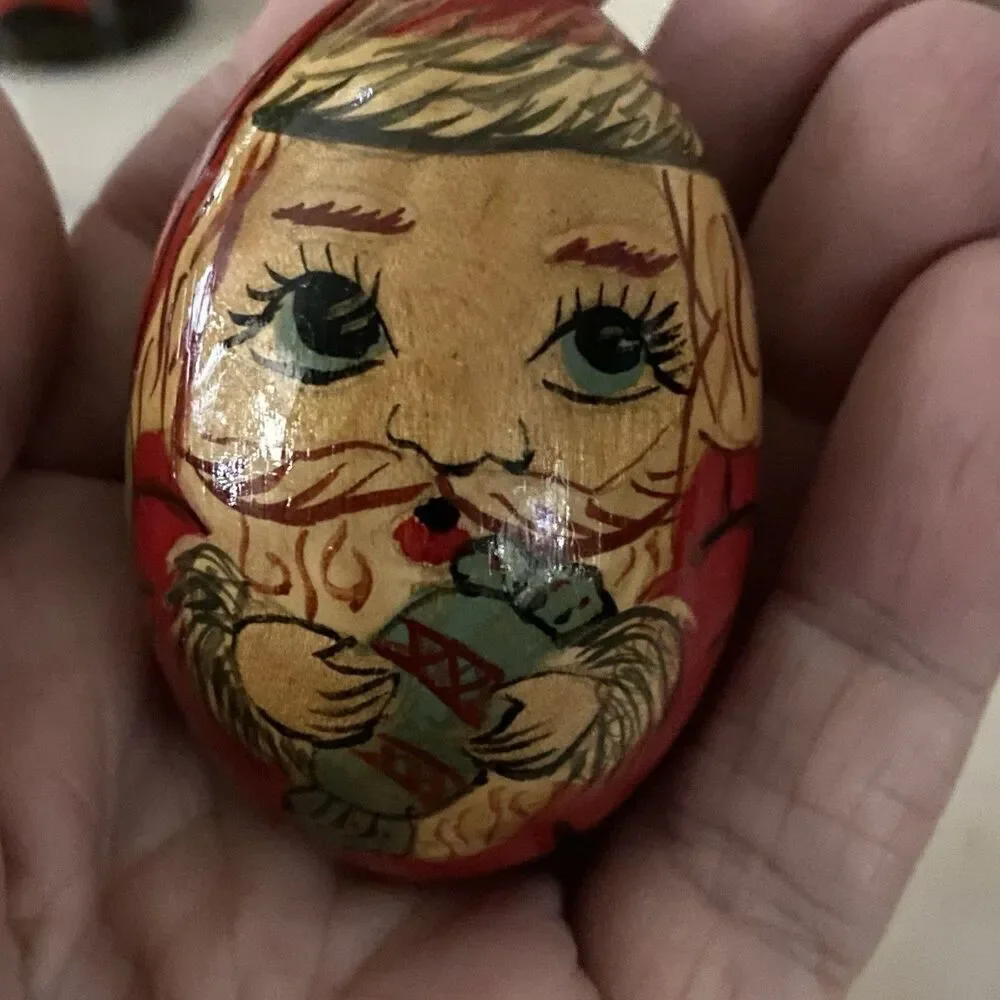 Vintage Hand Painted Wood Egg Folk Art Santa Claus St Nikolas European Set of 3